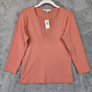 Ann Taylor Shirt Womens Small Pink Crochet Trim 3/4 Sleeve Pullover Top Cotton